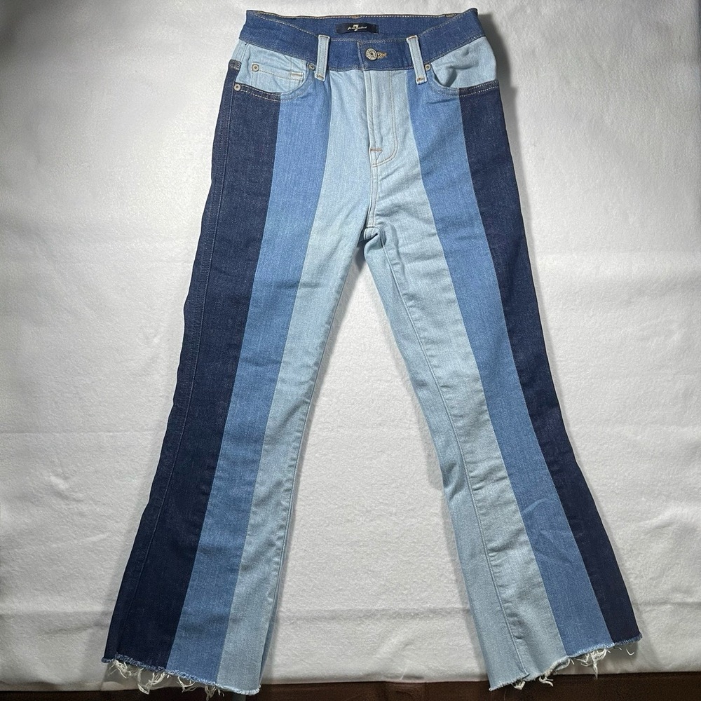7 For All Mankind Colorblock Flare Jeans Women's Size 24 Raw Hem Stretch Denim